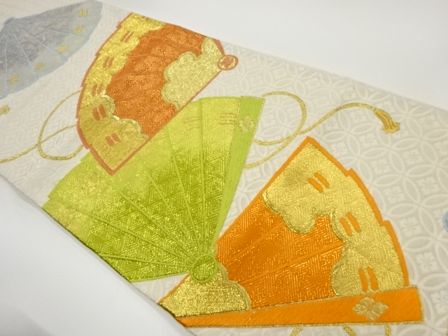 モール檜扇に古典柄模様織出し袋帯